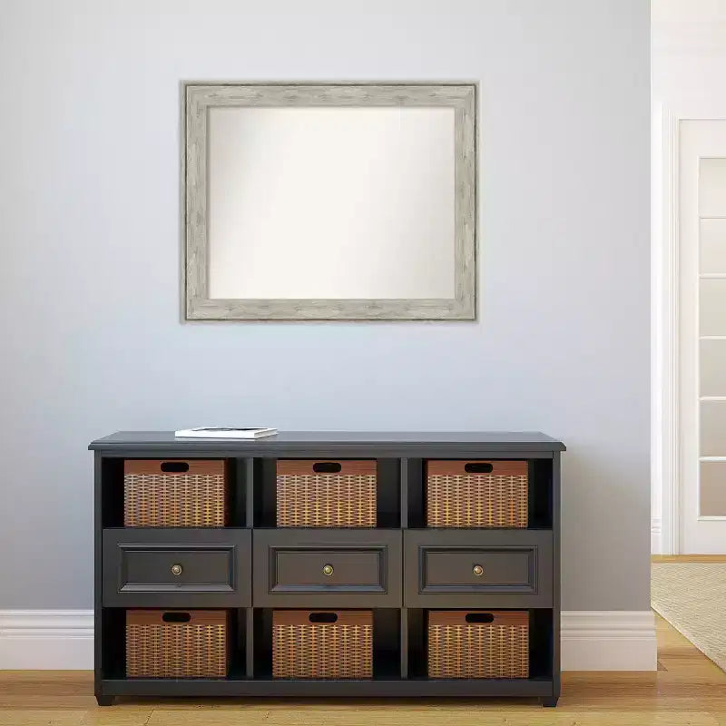 33" x 27" Non-Beveled Crackled Metallic Silver Bathroom Wall Mirror - Rectangle, Polystyrene Frame, Wall Mounted