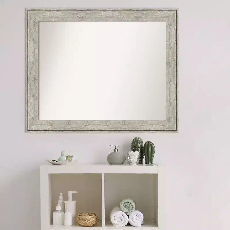 33" x 27" Non-Beveled Crackled Metallic Silver Bathroom Wall Mirror - Rectangle, Polystyrene Frame, Wall Mounted