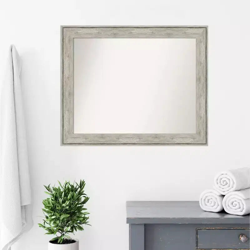 33" x 27" Non-Beveled Crackled Metallic Silver Bathroom Wall Mirror - Rectangle, Polystyrene Frame, Wall Mounted