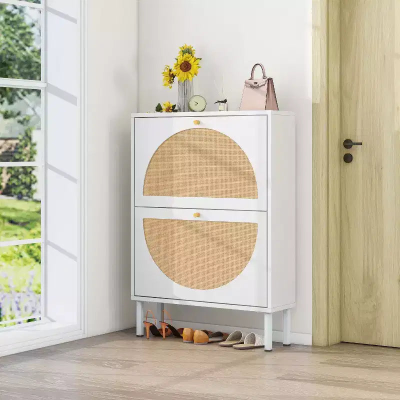 Modern Shoe Rack with 2 Rattan Doors and Metal Base