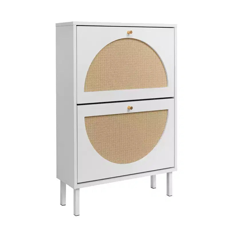 Modern Shoe Rack with 2 Rattan Doors and Metal Base