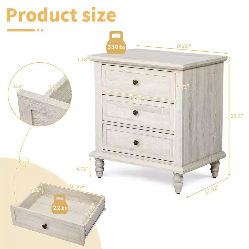 3-Drawer White Particle Board 24.8 in. W Nightstand