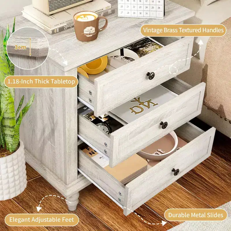 3-Drawer White Particle Board 24.8 in. W Nightstand