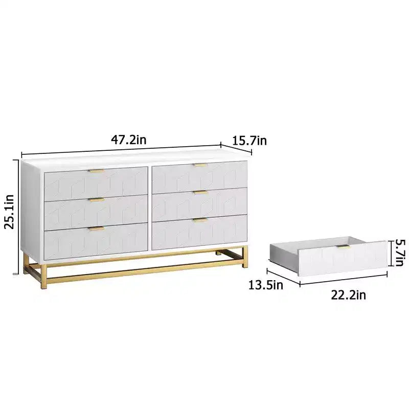6 Drawer Dresser for Bedroom, Chest of Drawers, Wood Dresser with Gold Metal Handles for Hallway, Entryway