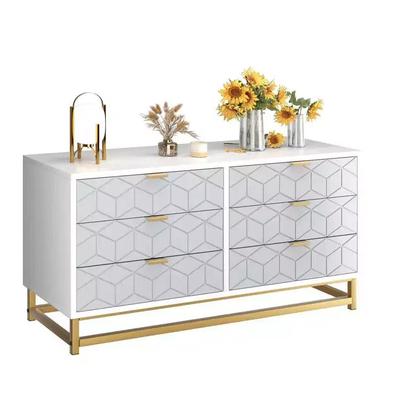 6 Drawer Dresser for Bedroom, Chest of Drawers, Wood Dresser with Gold Metal Handles for Hallway, Entryway