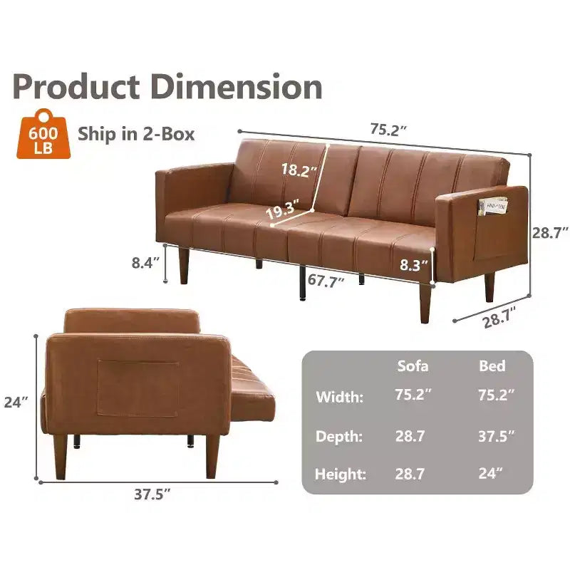 75-Inch Convertible Futon Sofa Bed with Adjustable Backrest