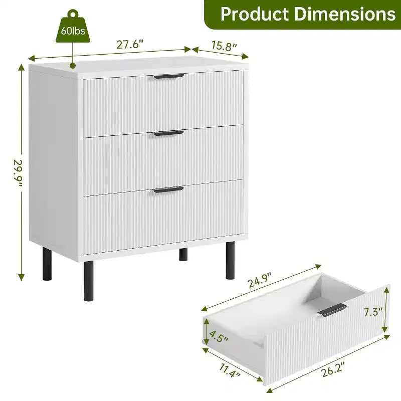 Textured 3-Drawer Dresser 28" Wide - Compact Storage with Metal Legs for Bedroom, Hallway & Small Spaces, White