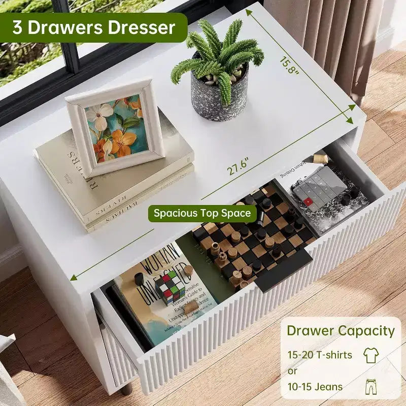 Textured 3-Drawer Dresser 28" Wide - Compact Storage with Metal Legs for Bedroom, Hallway & Small Spaces, White