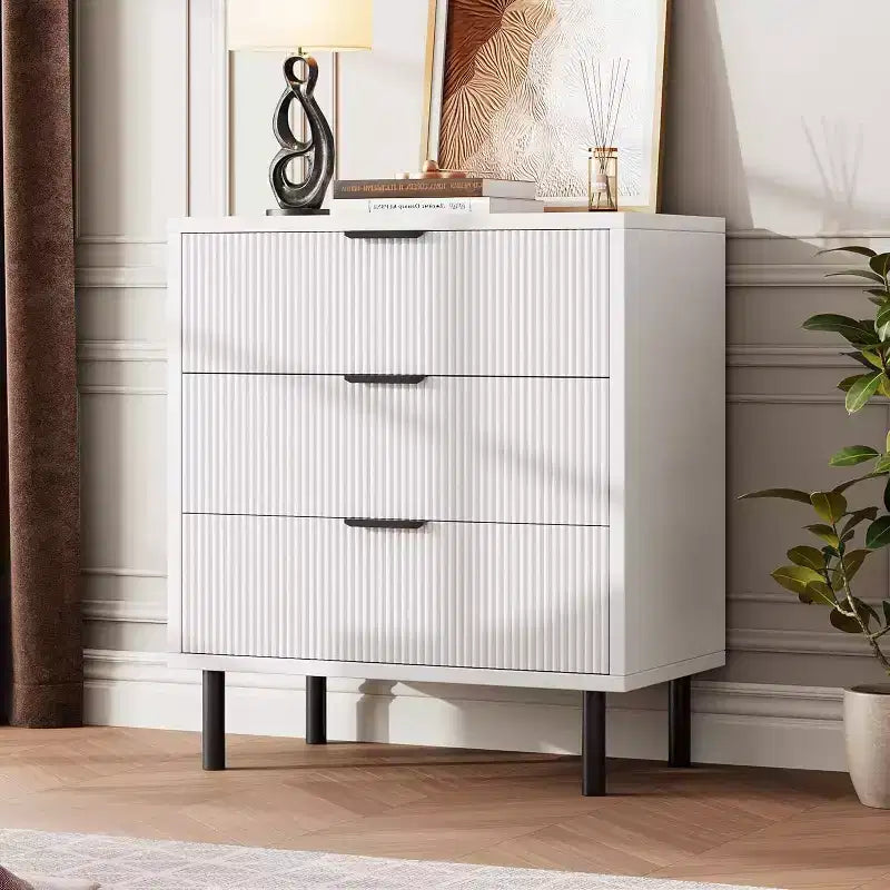 Textured 3-Drawer Dresser 28" Wide - Compact Storage with Metal Legs for Bedroom, Hallway & Small Spaces, White
