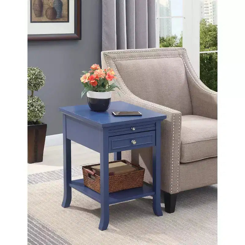 Wedge End Table with Shelf - Narrow Triangular Side Table with Beveled Edges, Tapered Legs and Space-Saving Design