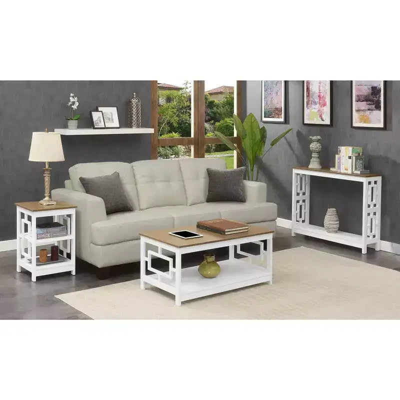 Square End Table with Large Surface and Two Shelves, Symmetrical Open Side Design, MDF Accent Table for Modern Homes