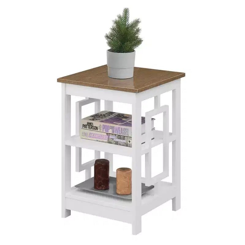 Square End Table with Large Surface and Two Shelves, Symmetrical Open Side Design, MDF Accent Table for Modern Homes