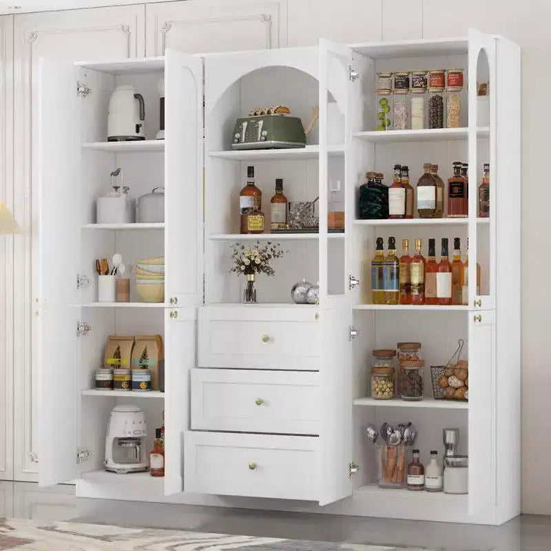White Farmhouse Kitchen Pantry Cabinet with Arch Glass Doors and Drawers