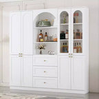 White Farmhouse Kitchen Pantry Cabinet with Arch Glass Doors and Drawers
