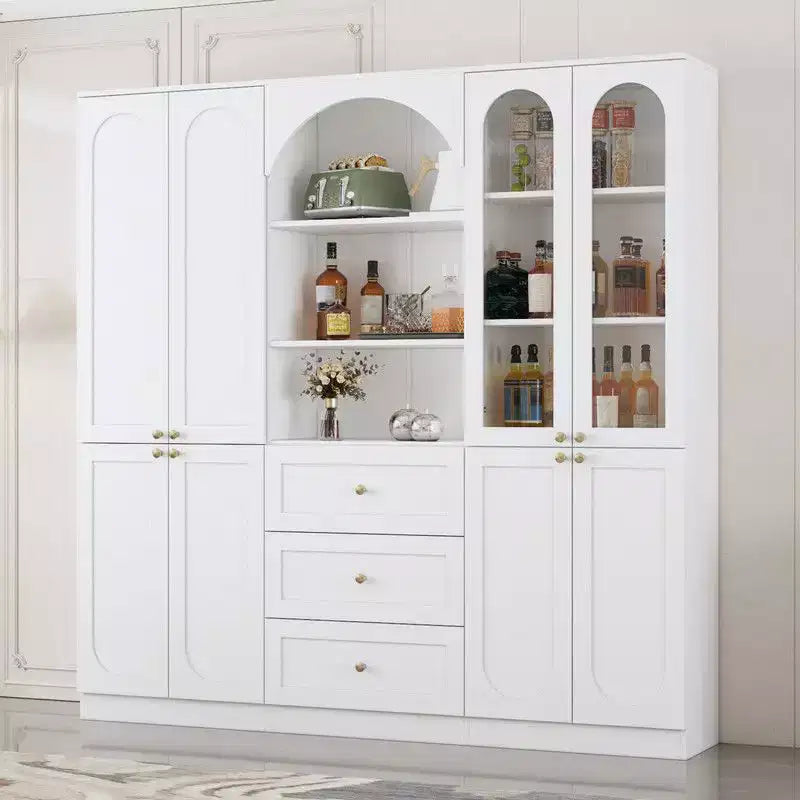 White Farmhouse Kitchen Pantry Cabinet with Arch Glass Doors and Drawers