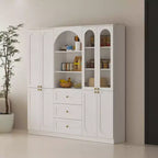 White Farmhouse Kitchen Pantry Cabinet with Arch Glass Doors and Drawers