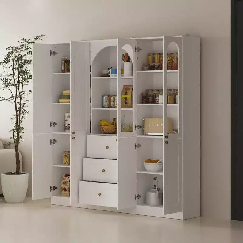 White Farmhouse Kitchen Pantry Cabinet with Arch Glass Doors and Drawers