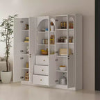White Farmhouse Kitchen Pantry Cabinet with Arch Glass Doors and Drawers