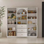 White Farmhouse Kitchen Pantry Cabinet with Arch Glass Doors and Drawers