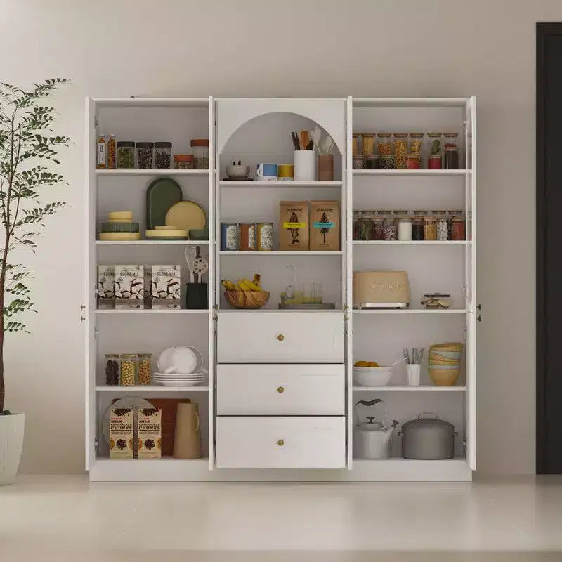 White Farmhouse Kitchen Pantry Cabinet with Arch Glass Doors and Drawers