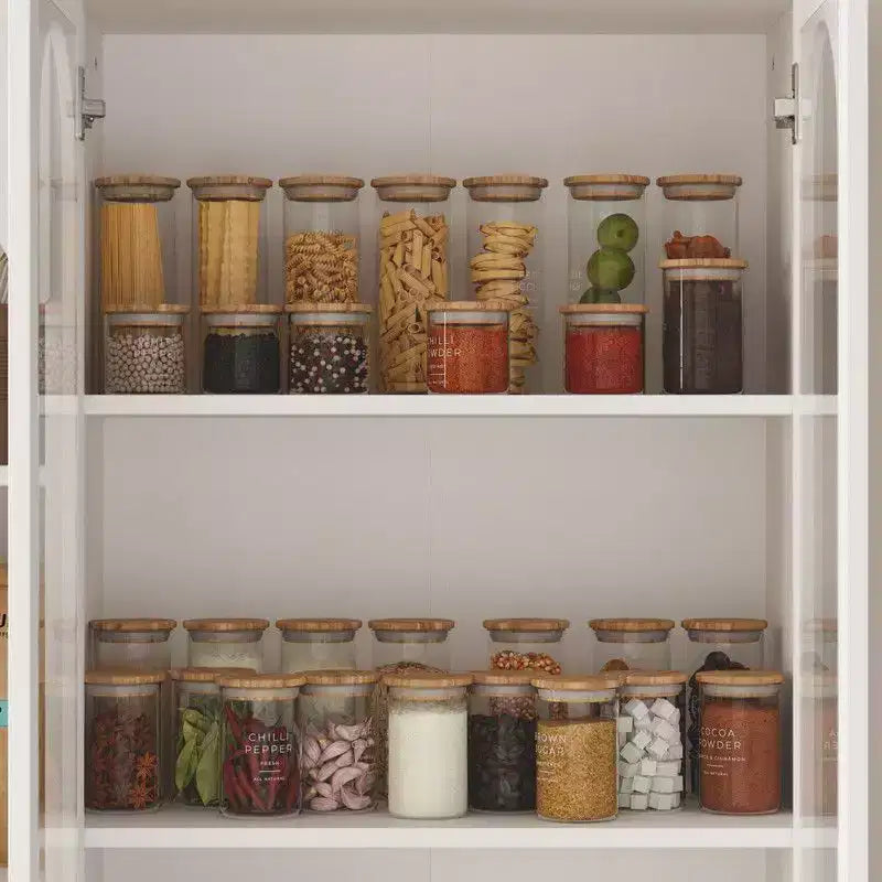 White Farmhouse Kitchen Pantry Cabinet with Arch Glass Doors and Drawers