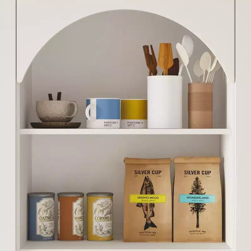 White Farmhouse Kitchen Pantry Cabinet with Arch Glass Doors and Drawers