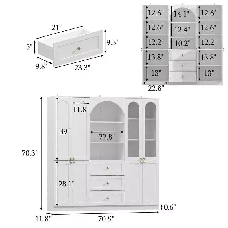 White Farmhouse Kitchen Pantry Cabinet with Arch Glass Doors and Drawers