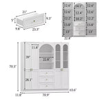 White Farmhouse Kitchen Pantry Cabinet with Arch Glass Doors and Drawers
