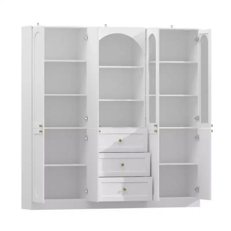 White Farmhouse Kitchen Pantry Cabinet with Arch Glass Doors and Drawers