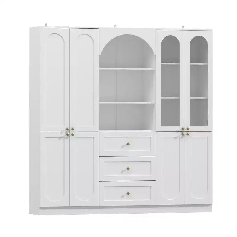 White Farmhouse Kitchen Pantry Cabinet with Arch Glass Doors and Drawers
