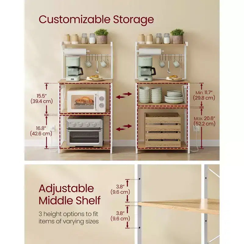 4-Tier Kitchen Baker's Rack with Power Outlet, Adjustable Shelf and 8 Hooks