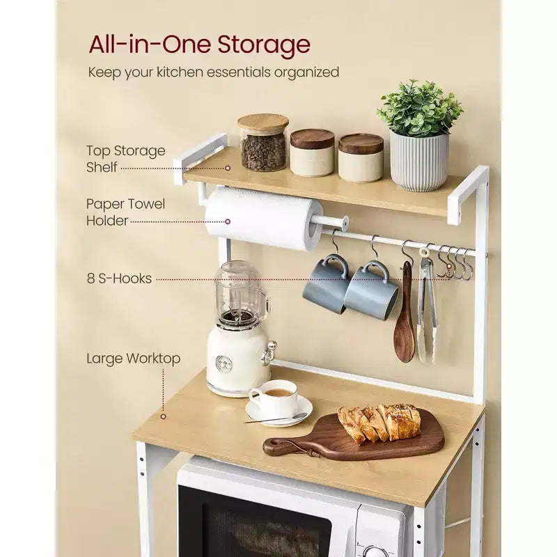 4-Tier Kitchen Baker's Rack with Power Outlet, Adjustable Shelf and 8 Hooks