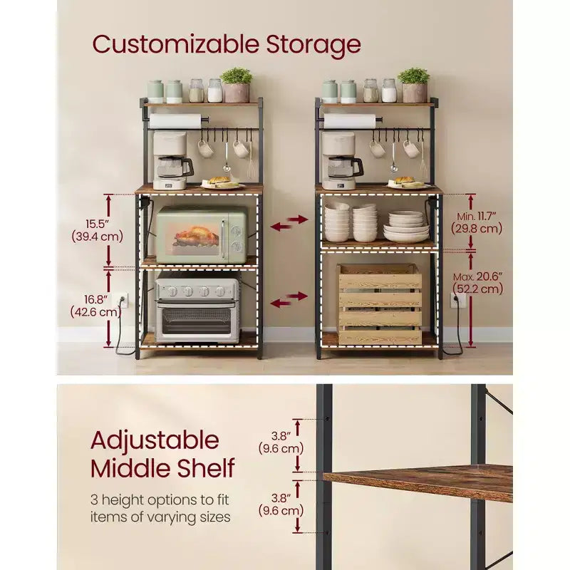 4-Tier Kitchen Baker's Rack with Power Outlet, Adjustable Shelf and 8 Hooks