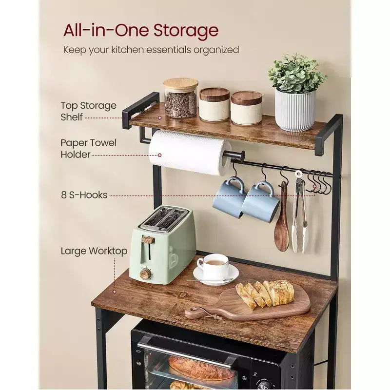 4-Tier Kitchen Baker's Rack with Power Outlet, Adjustable Shelf and 8 Hooks