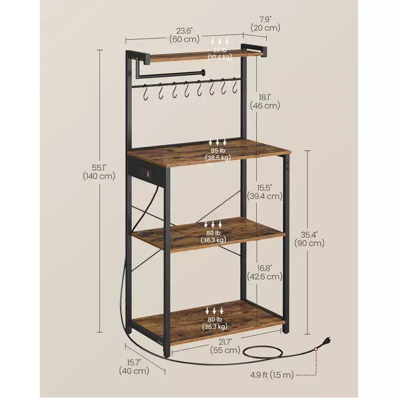 4-Tier Kitchen Baker's Rack with Power Outlet, Adjustable Shelf and 8 Hooks