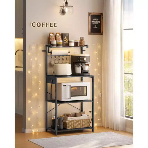 4-Tier Kitchen Baker's Rack with Power Outlet, Adjustable Shelf and 8 Hooks