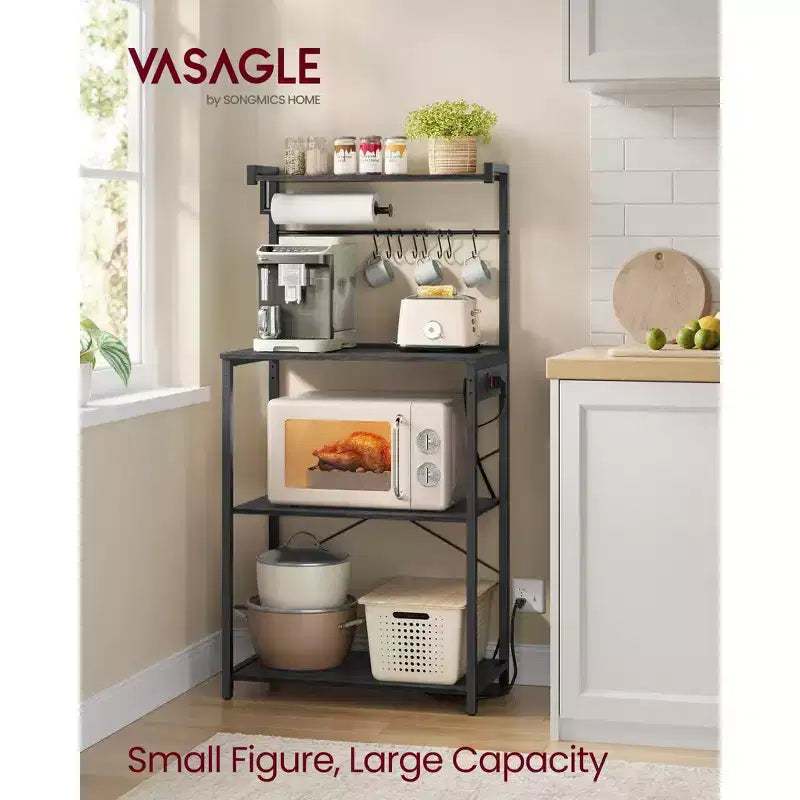 4-Tier Kitchen Baker's Rack with Power Outlet, Adjustable Shelf and 8 Hooks