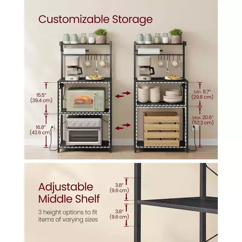 4-Tier Kitchen Baker's Rack with Power Outlet, Adjustable Shelf and 8 Hooks