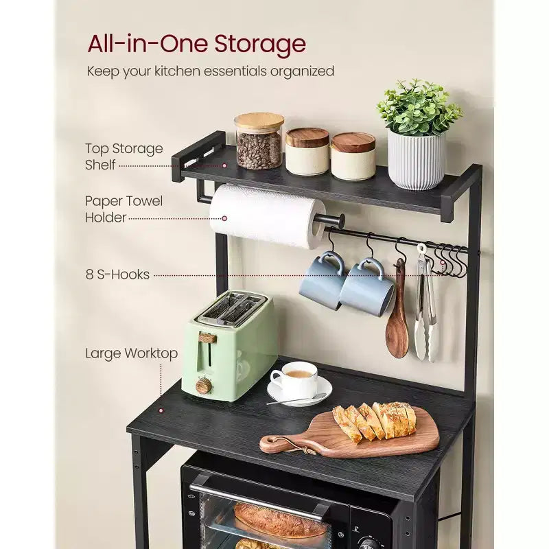 4-Tier Kitchen Baker's Rack with Power Outlet, Adjustable Shelf and 8 Hooks