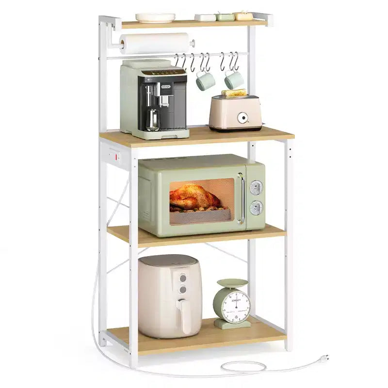 4-Tier Kitchen Baker's Rack with Power Outlet, Adjustable Shelf and 8 Hooks