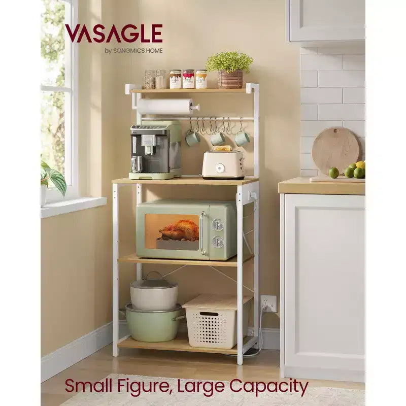 4-Tier Kitchen Baker's Rack with Power Outlet, Adjustable Shelf and 8 Hooks