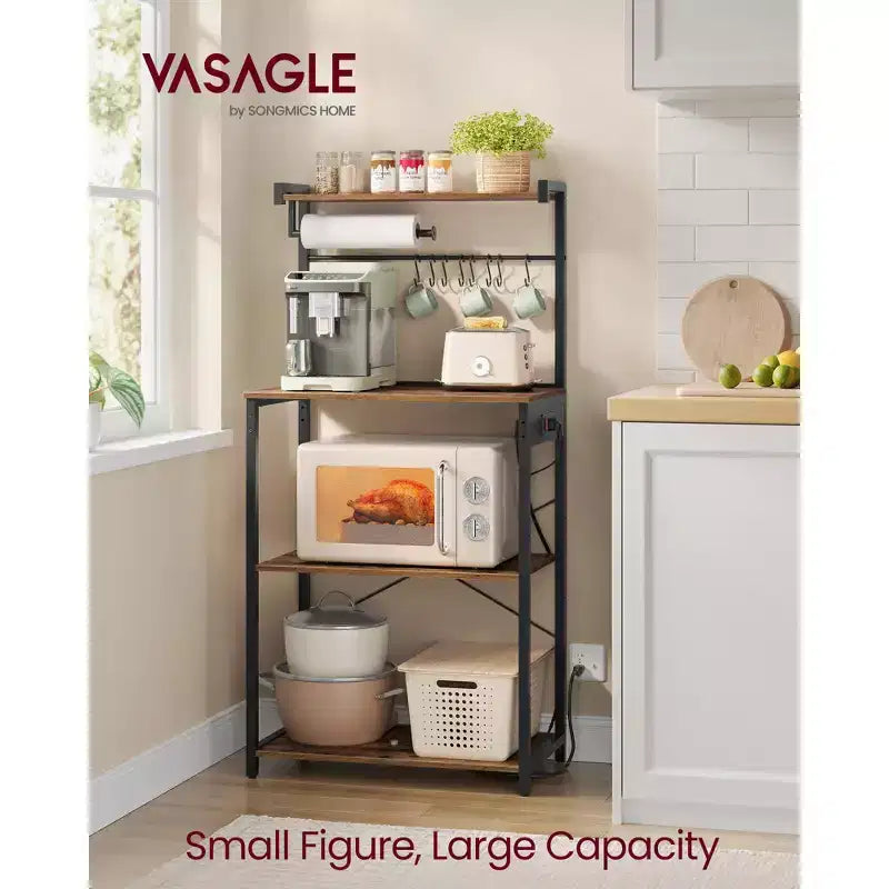 4-Tier Kitchen Baker's Rack with Power Outlet, Adjustable Shelf and 8 Hooks