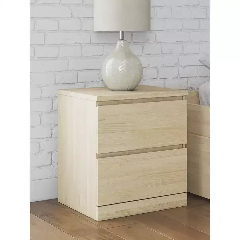 Modern Minimalist 2 Drawer Nightstand, Natural Brown Wood Finish with Hardware-Free Design