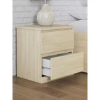 Modern Minimalist 2 Drawer Nightstand, Natural Brown Wood Finish with Hardware-Free Design