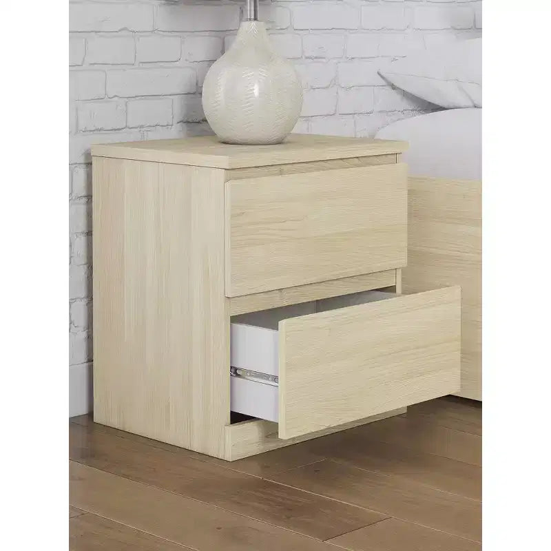 Modern Minimalist 2 Drawer Nightstand, Natural Brown Wood Finish with Hardware-Free Design