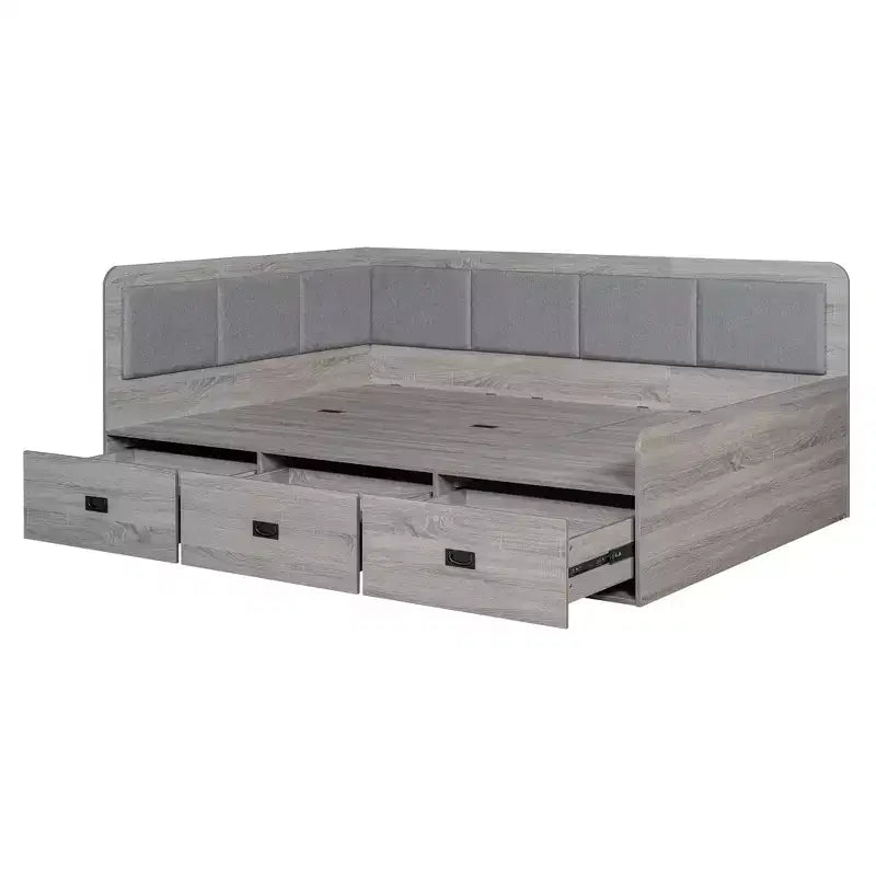 Full Size L-Shaped Daybed with Storage, Upholstered Backrest, 3 Drawers & Shelves, Sofa Bed for Living Room or Bedroom, Grey