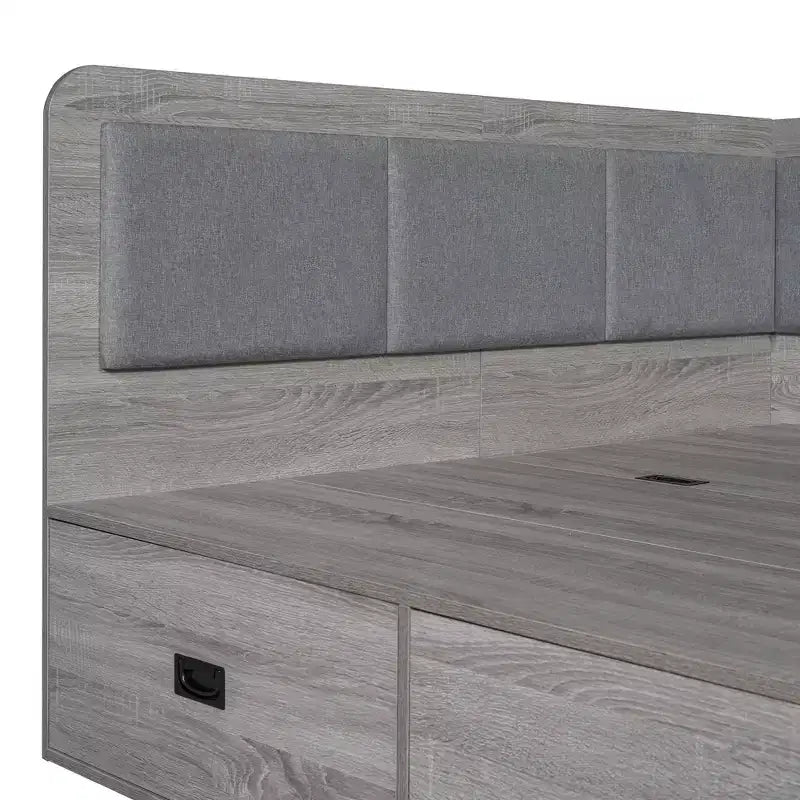 Full Size L-Shaped Daybed with Storage, Upholstered Backrest, 3 Drawers & Shelves, Sofa Bed for Living Room or Bedroom, Grey