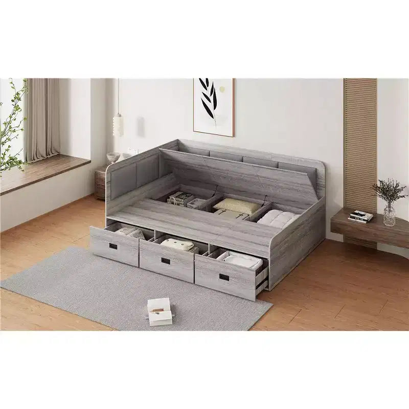 Full Size L-Shaped Daybed with Storage, Upholstered Backrest, 3 Drawers & Shelves, Sofa Bed for Living Room or Bedroom, Grey