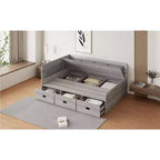 Full Size L-Shaped Daybed with Storage, Upholstered Backrest, 3 Drawers & Shelves, Sofa Bed for Living Room or Bedroom, Grey