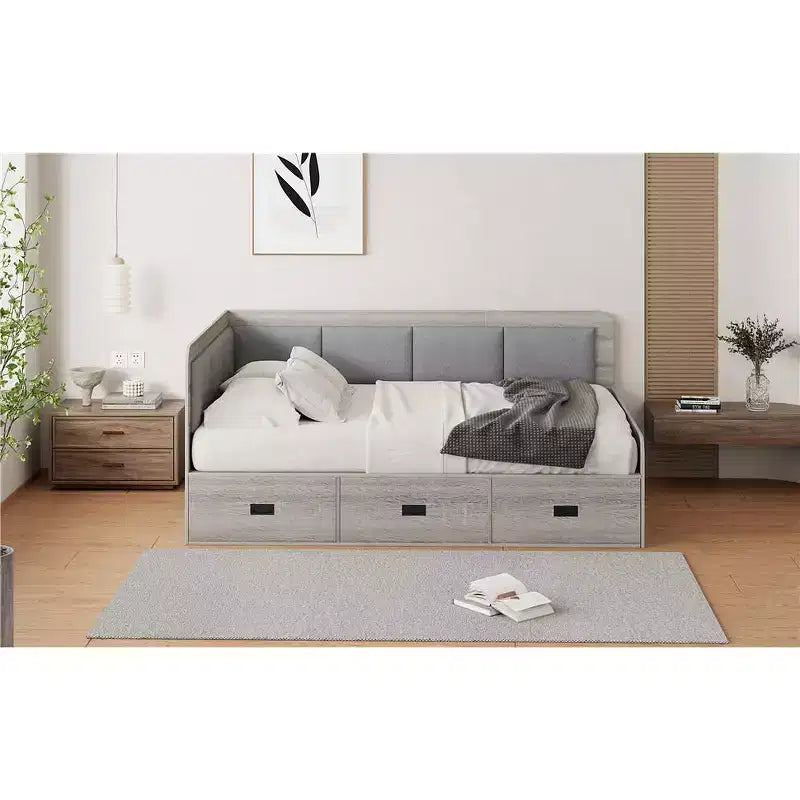 Full Size L-Shaped Daybed with Storage, Upholstered Backrest, 3 Drawers & Shelves, Sofa Bed for Living Room or Bedroom, Grey